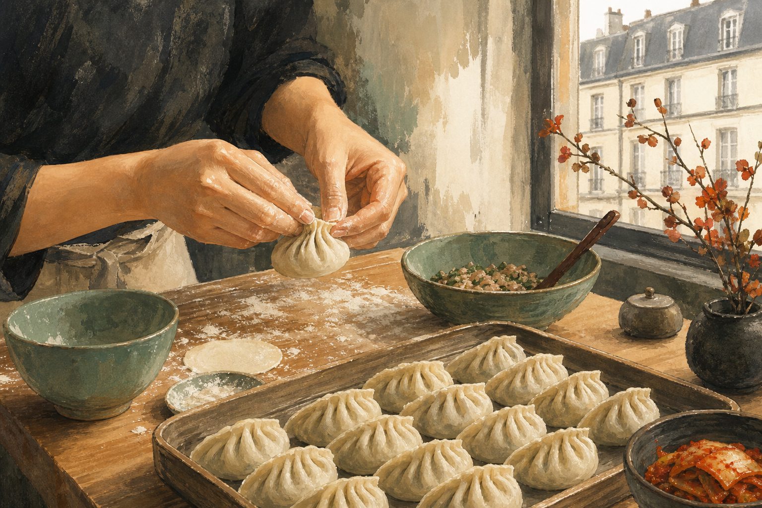 Des mains pliant des mandu au comptoir, lumière de fenêtre parisienne — illustration