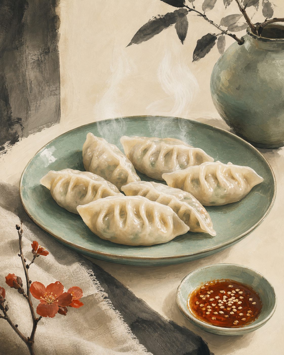 Mandu vapeur sur assiette céladon — illustration