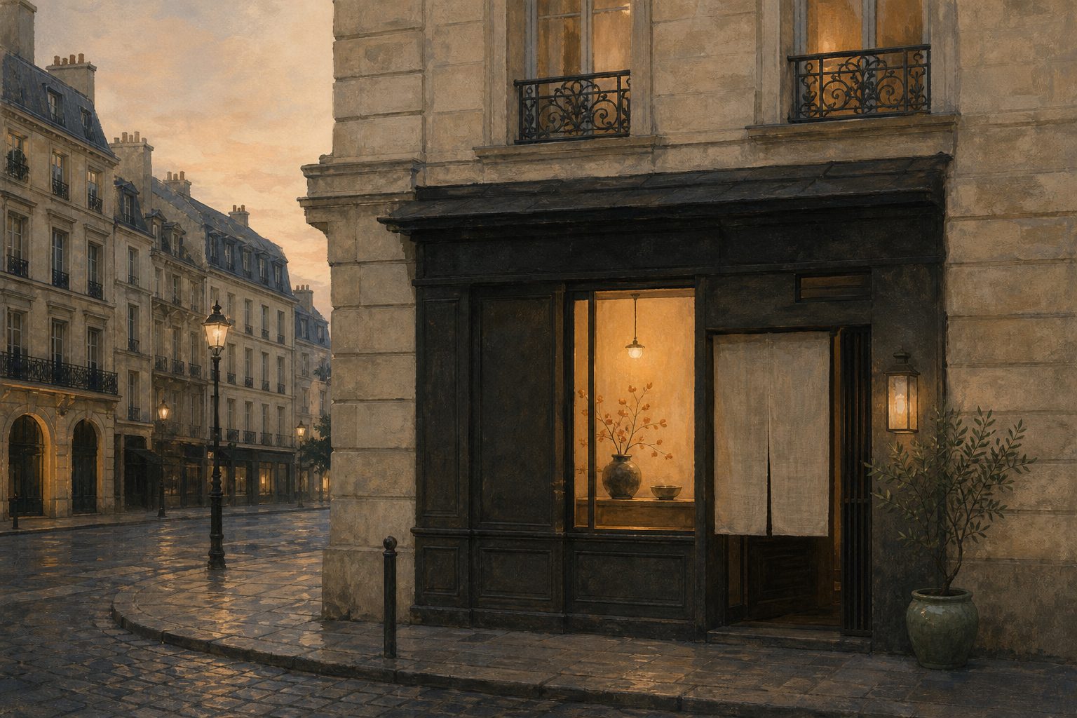 Une rue calme du quartier de l’Europe à Paris 8e, à la tombée du soir — illustration