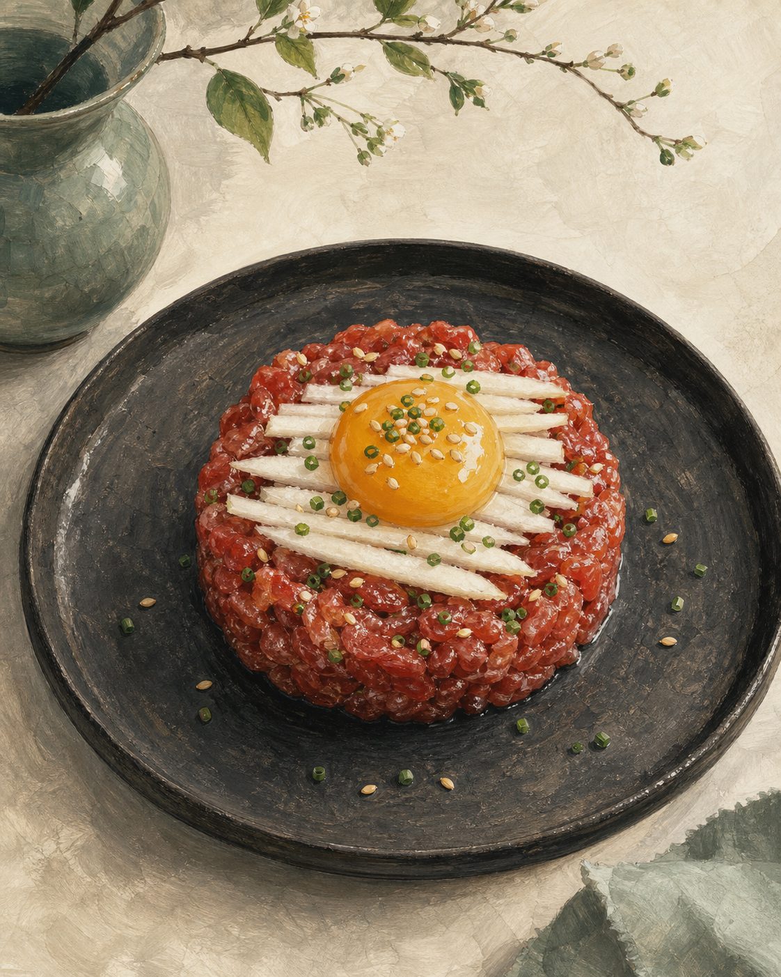 Tartare de bœuf coréen au jaune d’œuf — illustration